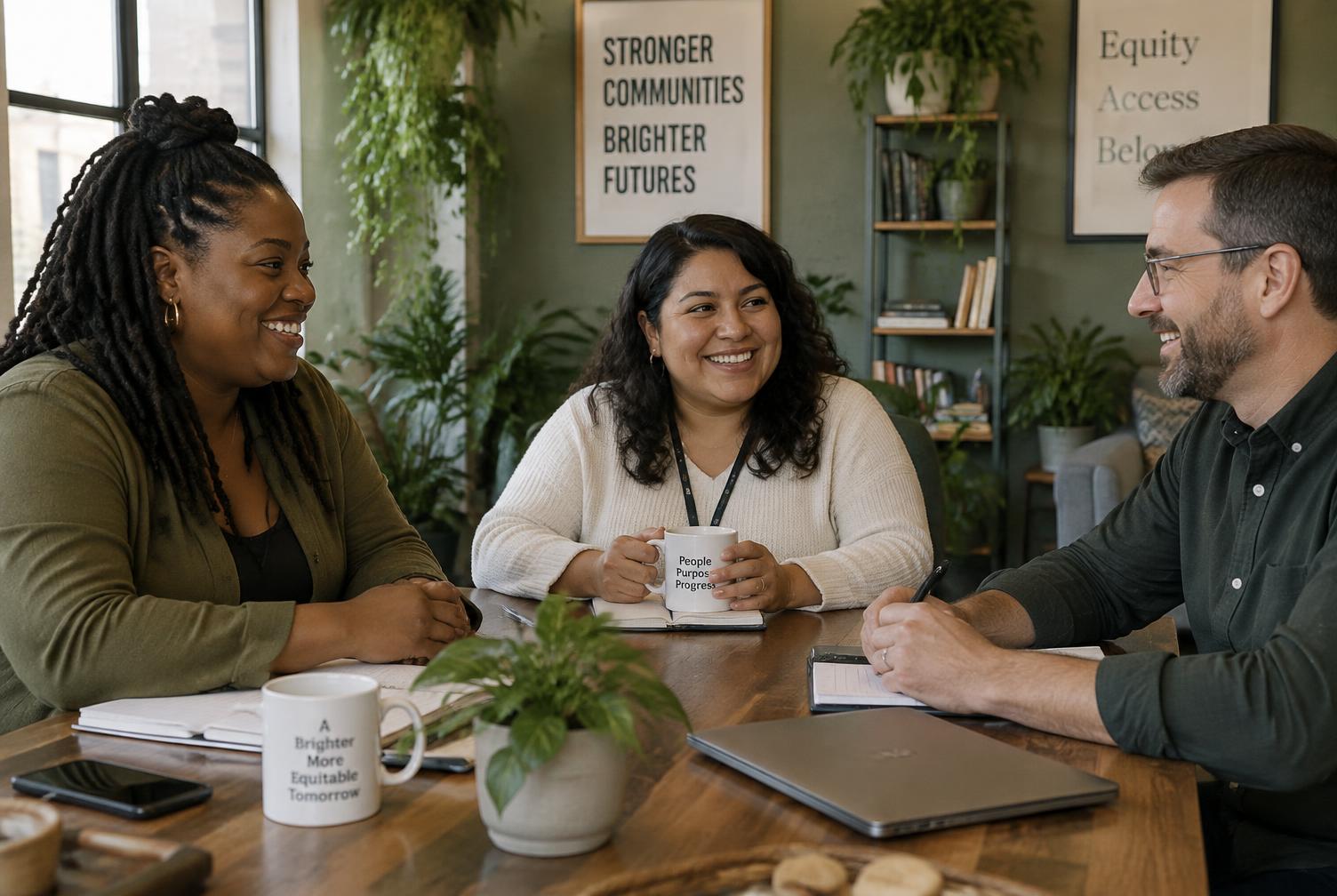 Team members collaborating around a table in a warm, plant-filled office